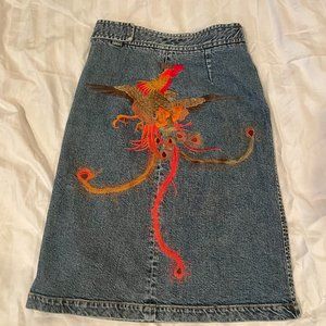 DKNY Embroidered Cockatrice Denim Skirt. Size 7/ 24 inch waist. Color-Blue.